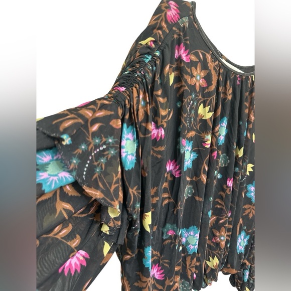 FREE PEOPLE Black Wildflower Honey Floral Stretch Mesh Blouson Ruffle Top - Picture 4 of 8